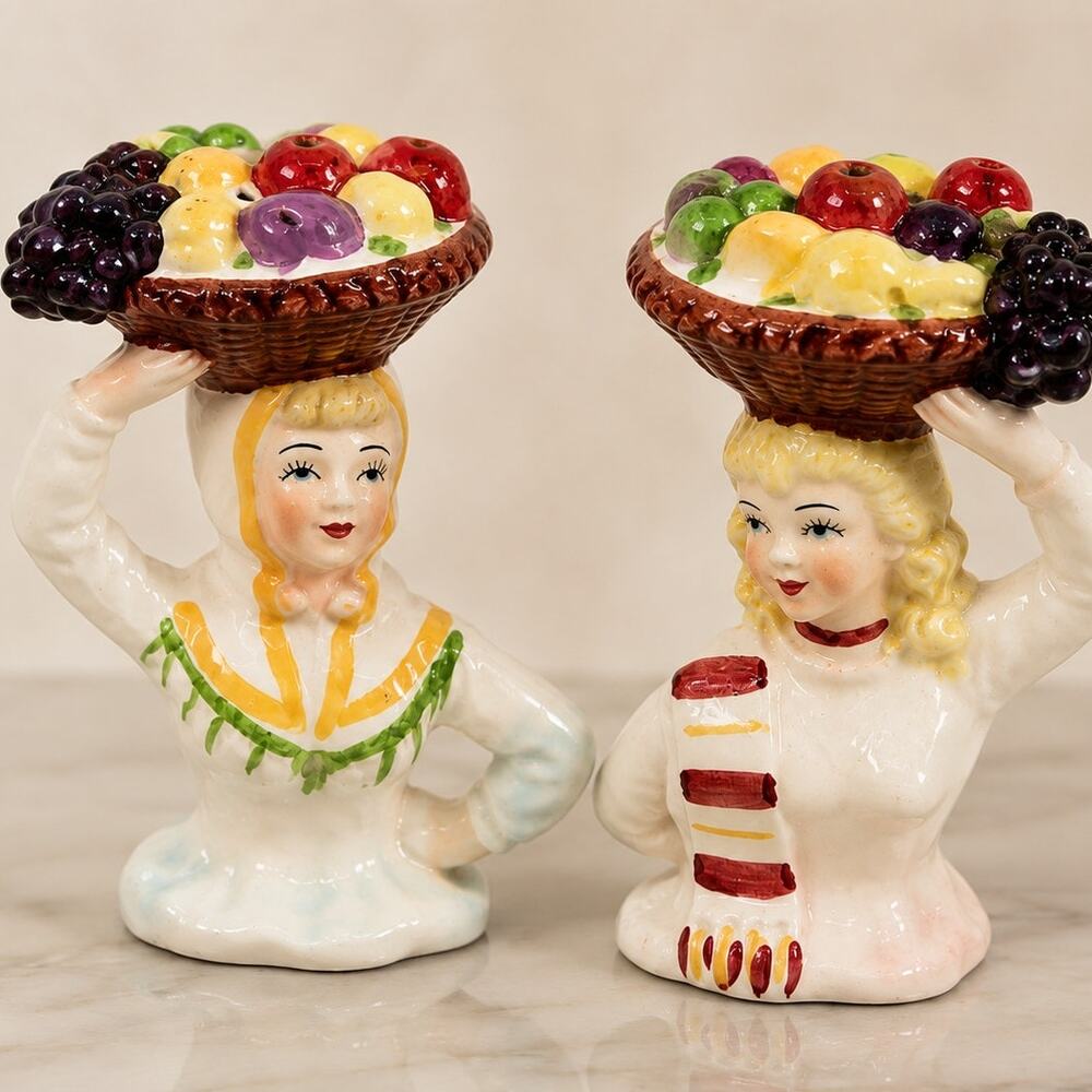Vintage Brinnco Japan Fruit Basket Lady Salt & Pepper Shakers MCM Pair